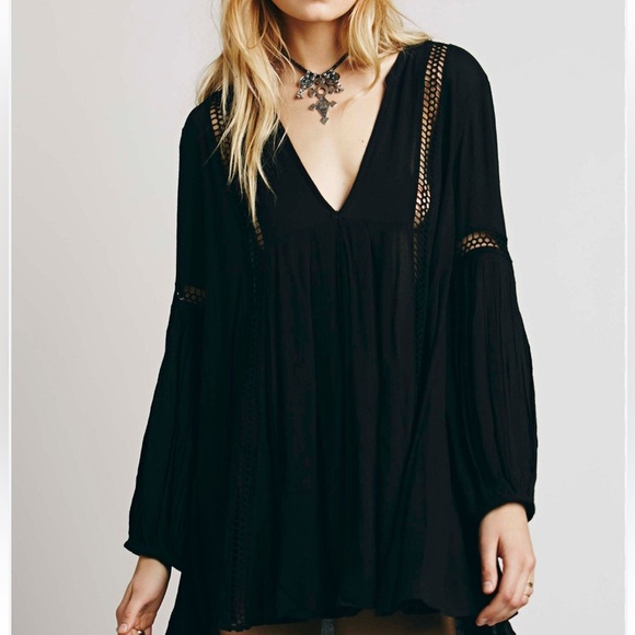 Free People Tops - Free People Womens Swingy Lace Tunic Top Blouse Black Small Boho Dark Romantic